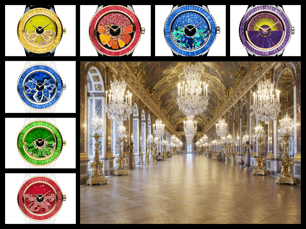 Versailles Galleria degli specchi e pezzi unici di orologi Dior