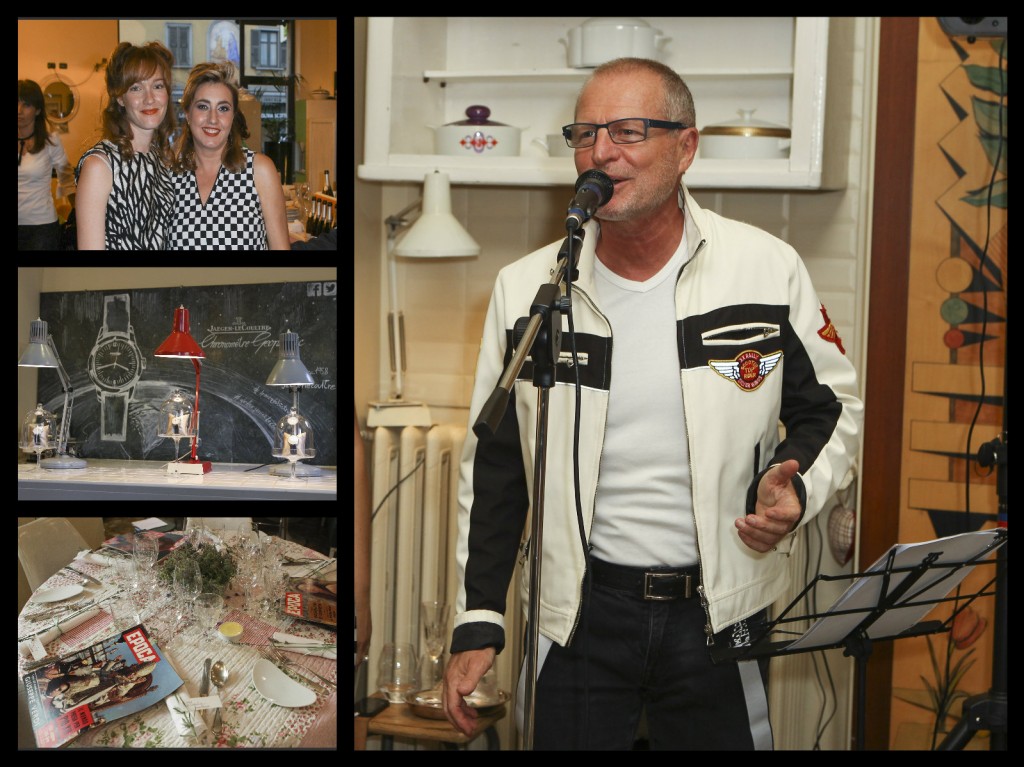 Claudio Angè direttore JLC Italia, a fianco con Cristiana Capotondi e Katia Banfi. Armando Bisstrot in perfetto stile anni ì5o e la mise en place al ristorante