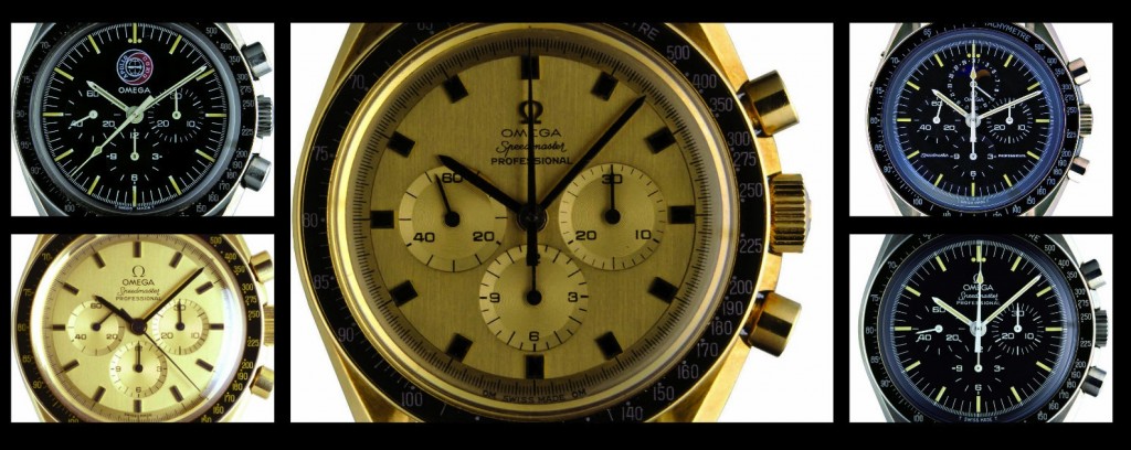 Al centro lo Speedmaster del 1969, a sinistra 1987 e 1980 a destra 1985 e 1989