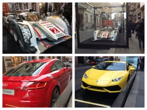 L'Audi E-tron che ha vinto a E Mans (protetta in bacheca), la TT Coupé e la nuova Hurrican Lamborghini