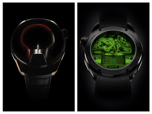 HYT Skull il tracciato del teschio con il fluido rosso, il retro e in apertura la versione verde