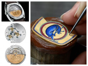 La lavorazione del quadrante, a lato il retro dell'orologio e il Calibro a t1200