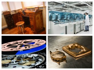In senso orario dal Museo di AP il banchetoto dell'orologiaio, TAG Heuer macchine moderne, Il calibro ?? diMontblanc una primo risultto di una cassa d'oro 
