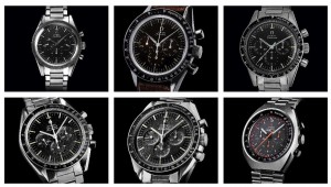 Sei fra gli Speedmaster più noti , in senso orario il primo, poi le Ref.CK2998,  ST105003, ST145012, ST145022, Speedmaster Mark II con la cassa  tonneau