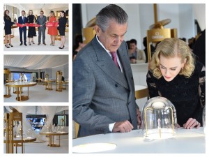 Il presidente di Omega Stephen Urquhart illustra a Nicole Kidman uno dei modelli esposti, a lato il taglio del basto e l'allestimento.