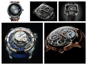 Dall'alto in senso oario H.Moser Endeavour Perpetual Calendar, Urwerk EMC Pystole, Hautlance HLR2.2; MB&F Legacy Machine Perpetual Calendar, HYT 2 
