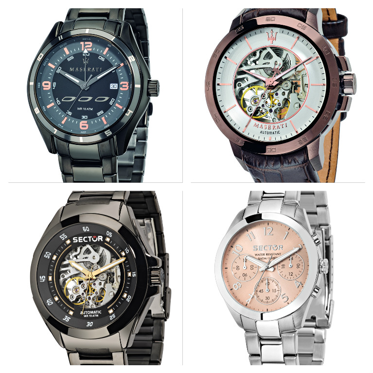 In alto orologi Maserati, sotto Sector per lui e per lei
