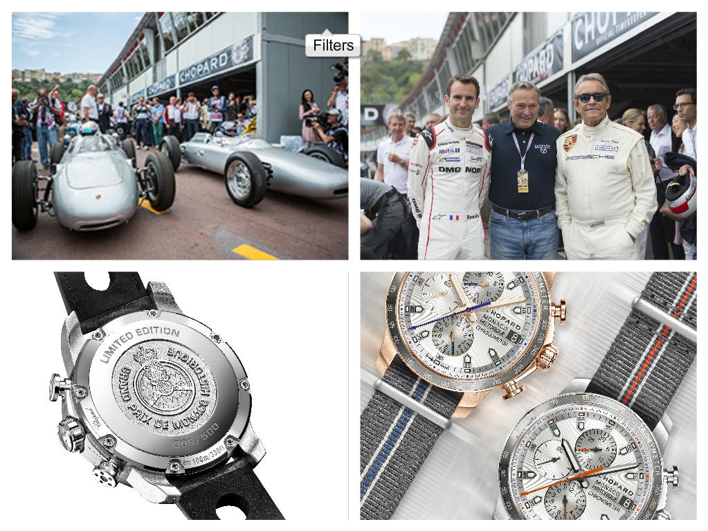Le Porsche davanti al paddock Chopard, Robert Dumas, Frederic Scheufele e Jacki Icx, i cronografi