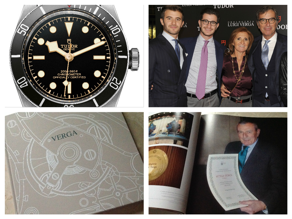 Tudor Black Bay, Riccardo, francesco, alessandra e Valerio Verga, la cover del libro e una foto di Valerio Verga